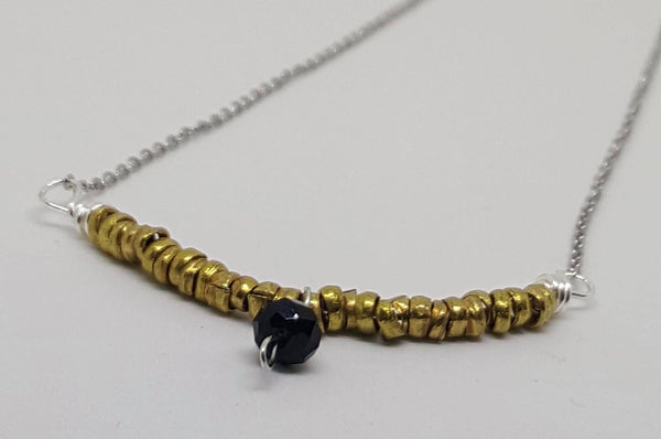 Sterling Silver, Dainty Heshi Bead And Onyx Bar Necklace