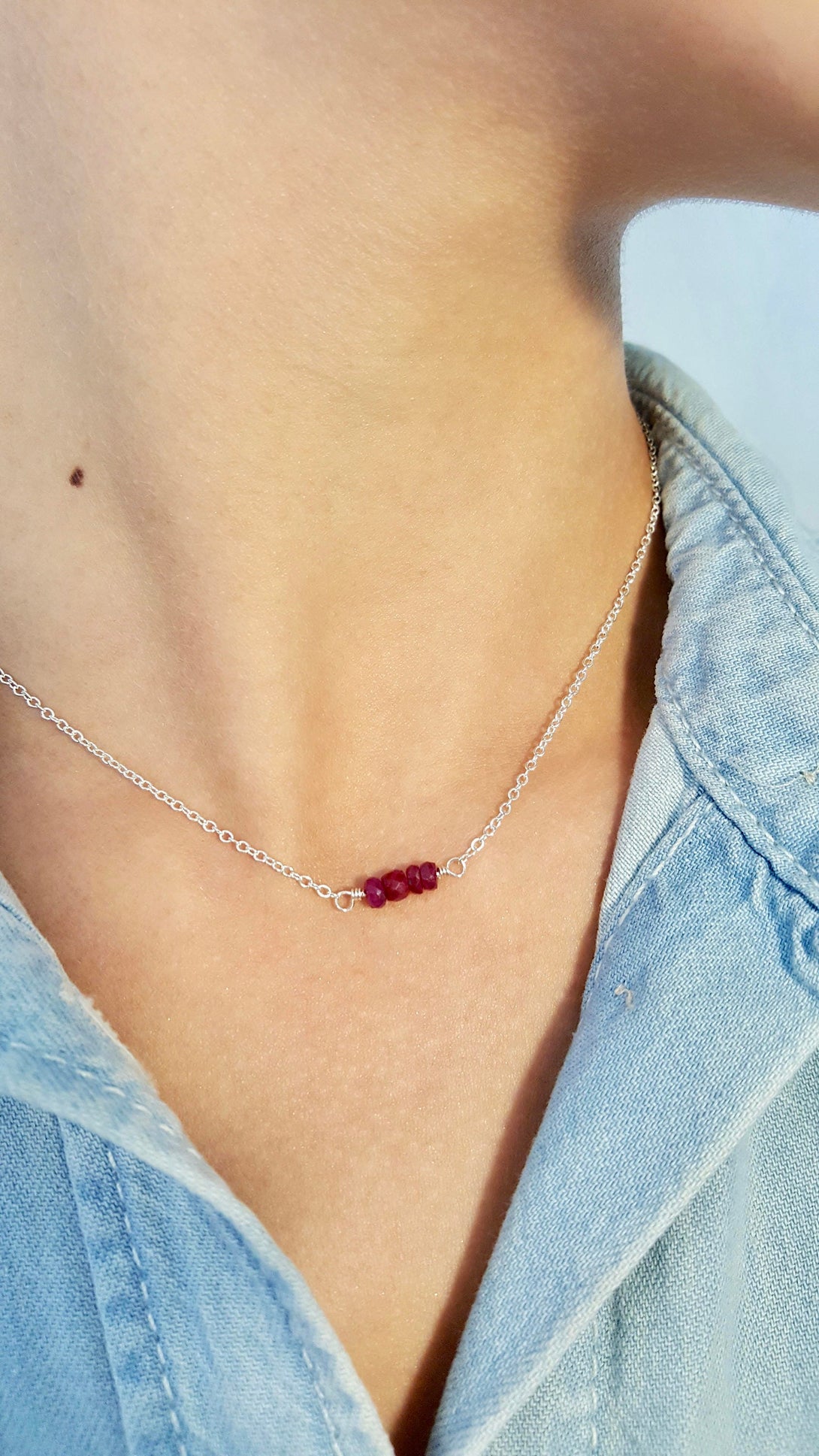 Mini Gemstone Ruby Bar Necklace