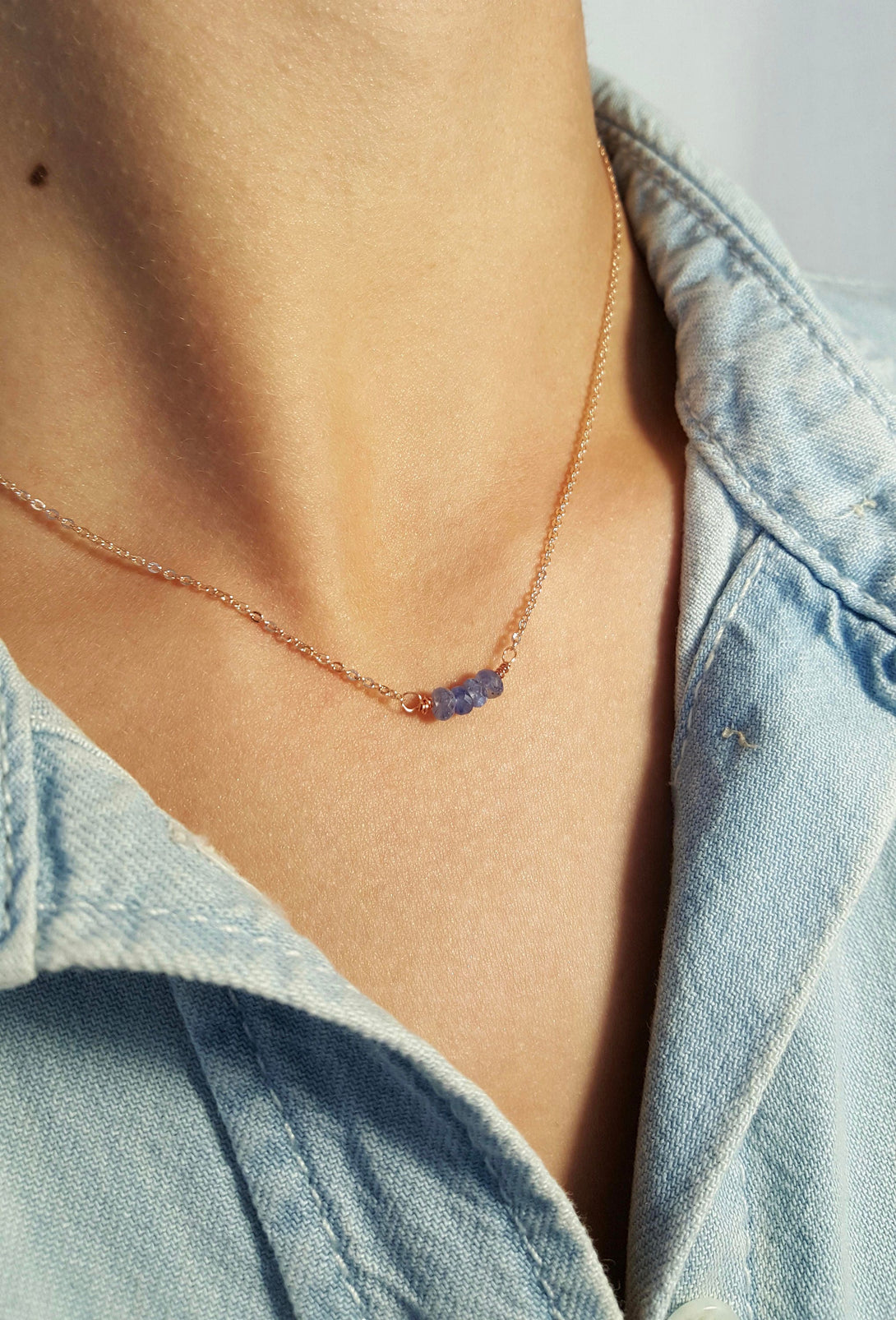 Rose Gold And Iolite Mini Bar Necklace, September Birthstone Jewellery