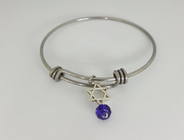 Stainless Steel Star Bracelet With Purple Austrian Crystal And Star For Kids Batmitzvah