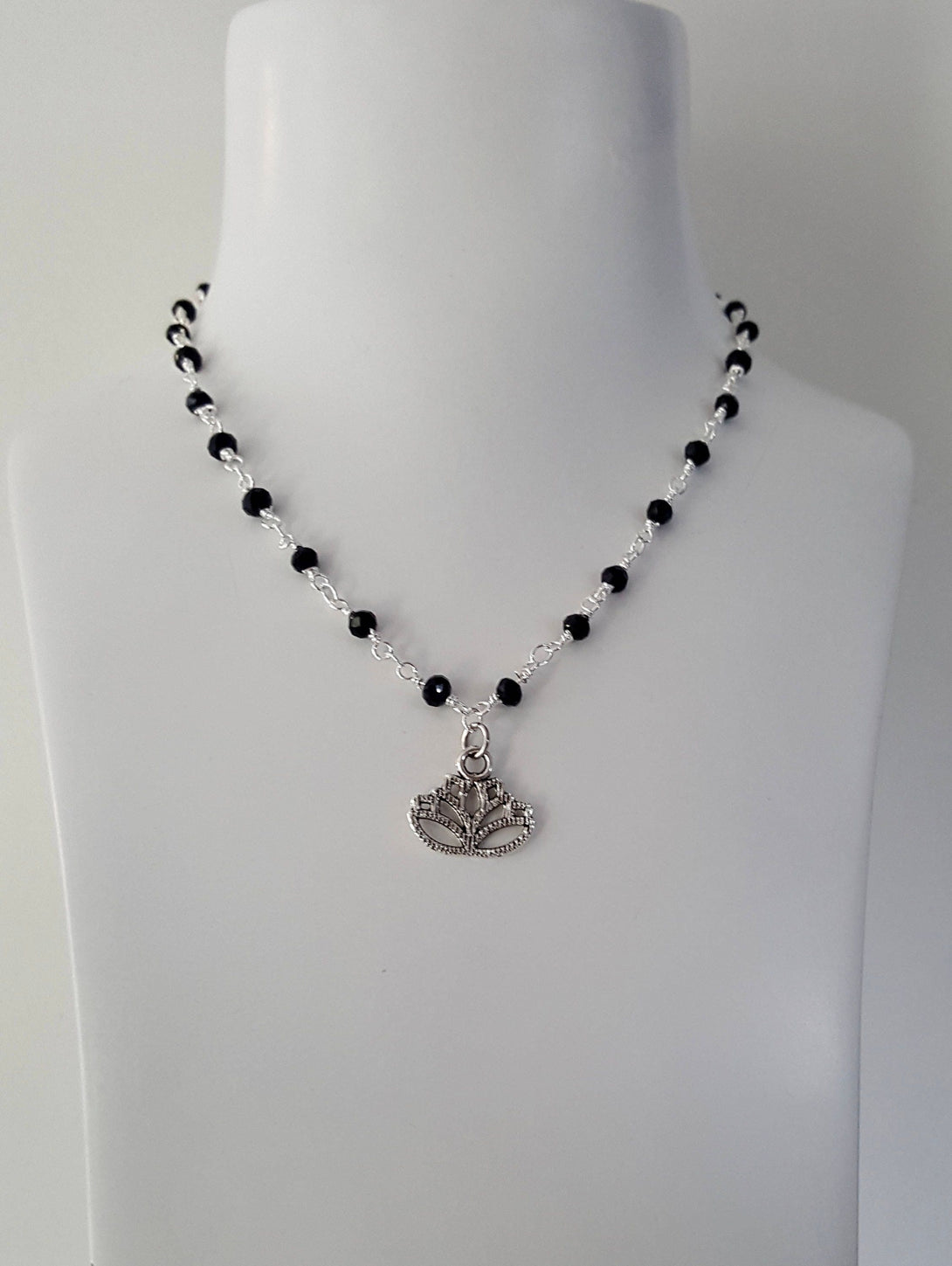 Onyx Bead Necklace With Lotus Charm, Inspirational Jewellery