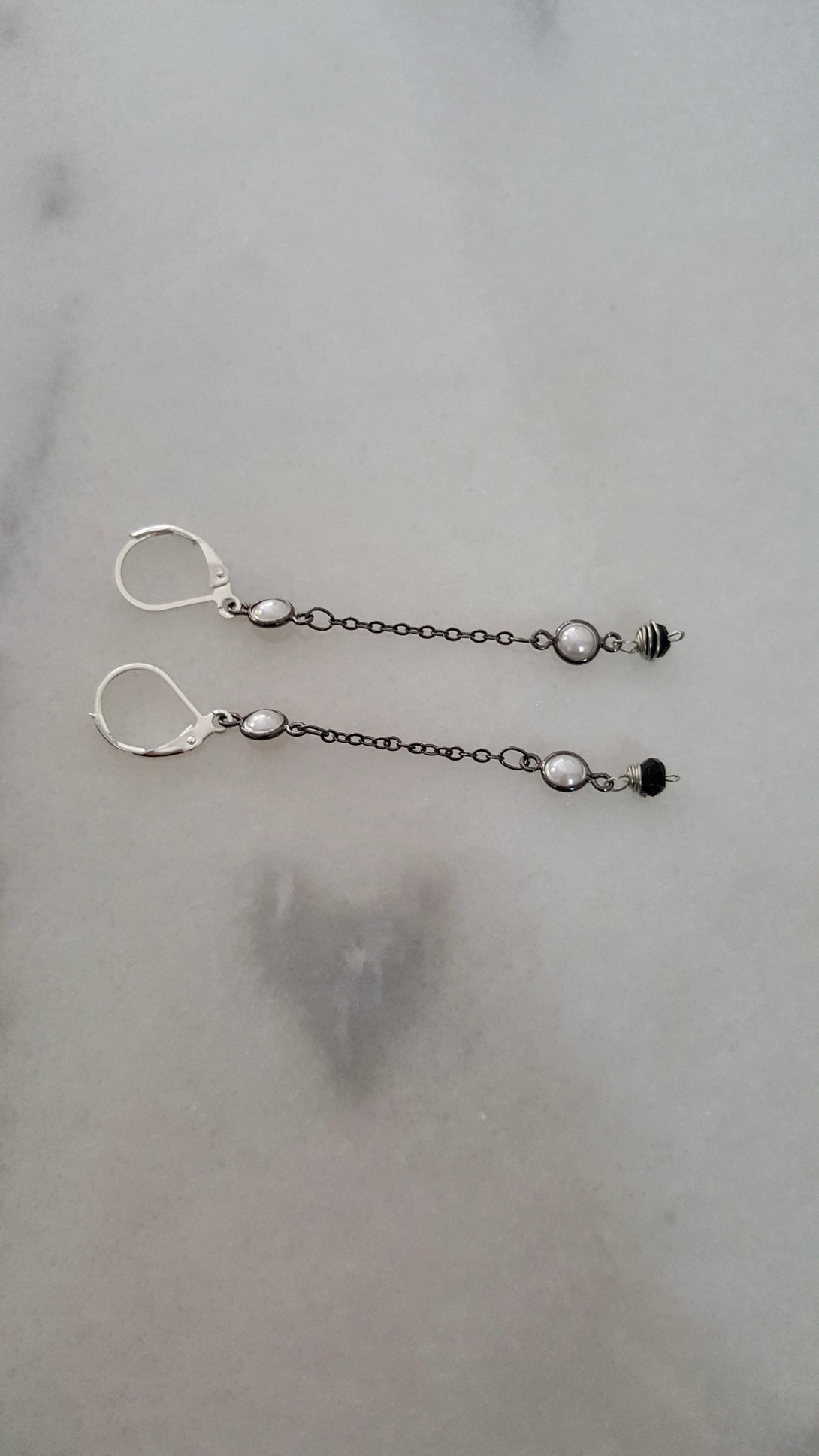 Oxidised Sterling Silver Pearl And Onyx Handmade Chain Drop Earrings