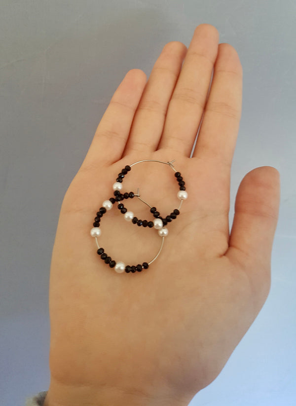 Onyx And Pearl  Hoop Earrings, June And July Birthstone Jewellery