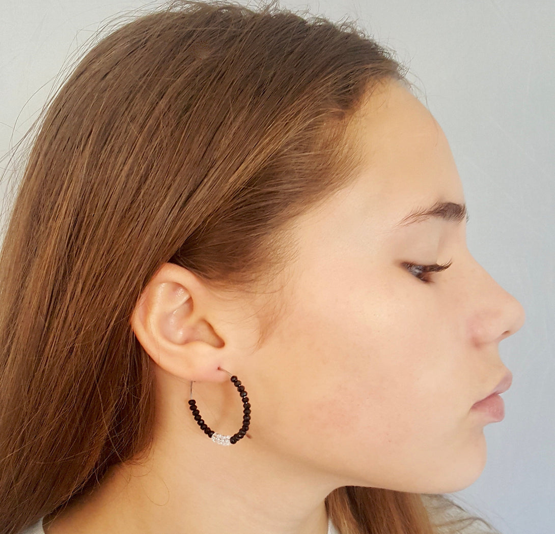 Onyx And Quartz Hoop Earrings