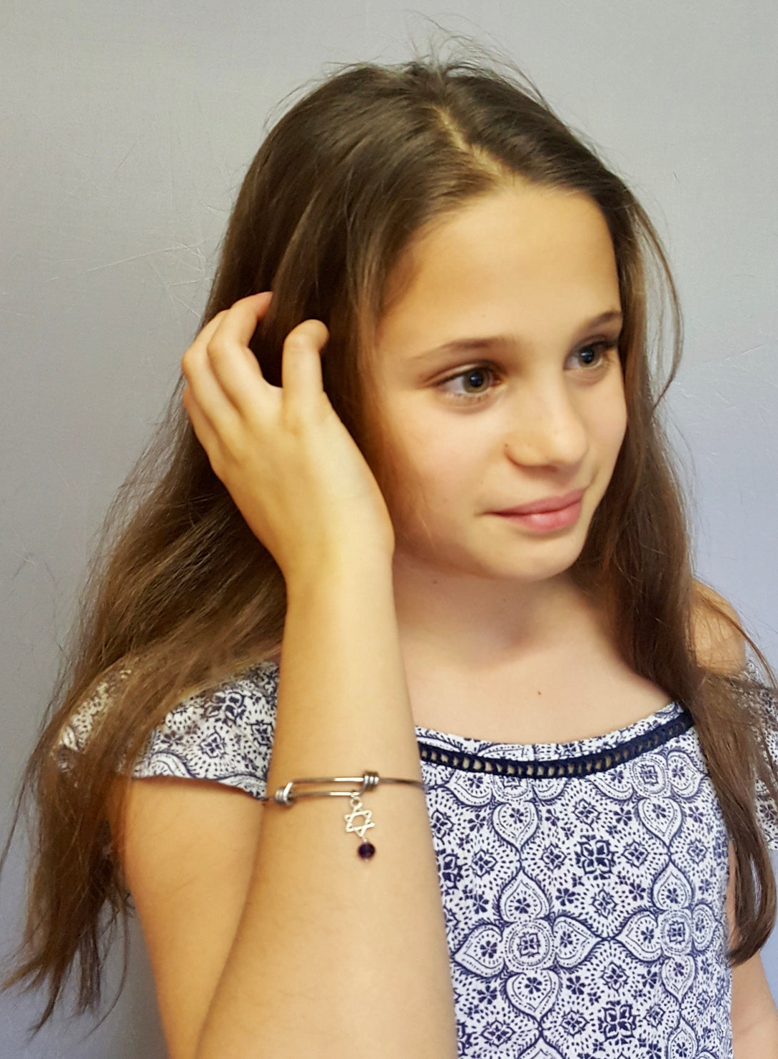 Stainless Steel Star Bracelet With Purple Austrian Crystal And Star For Kids Batmitzvah