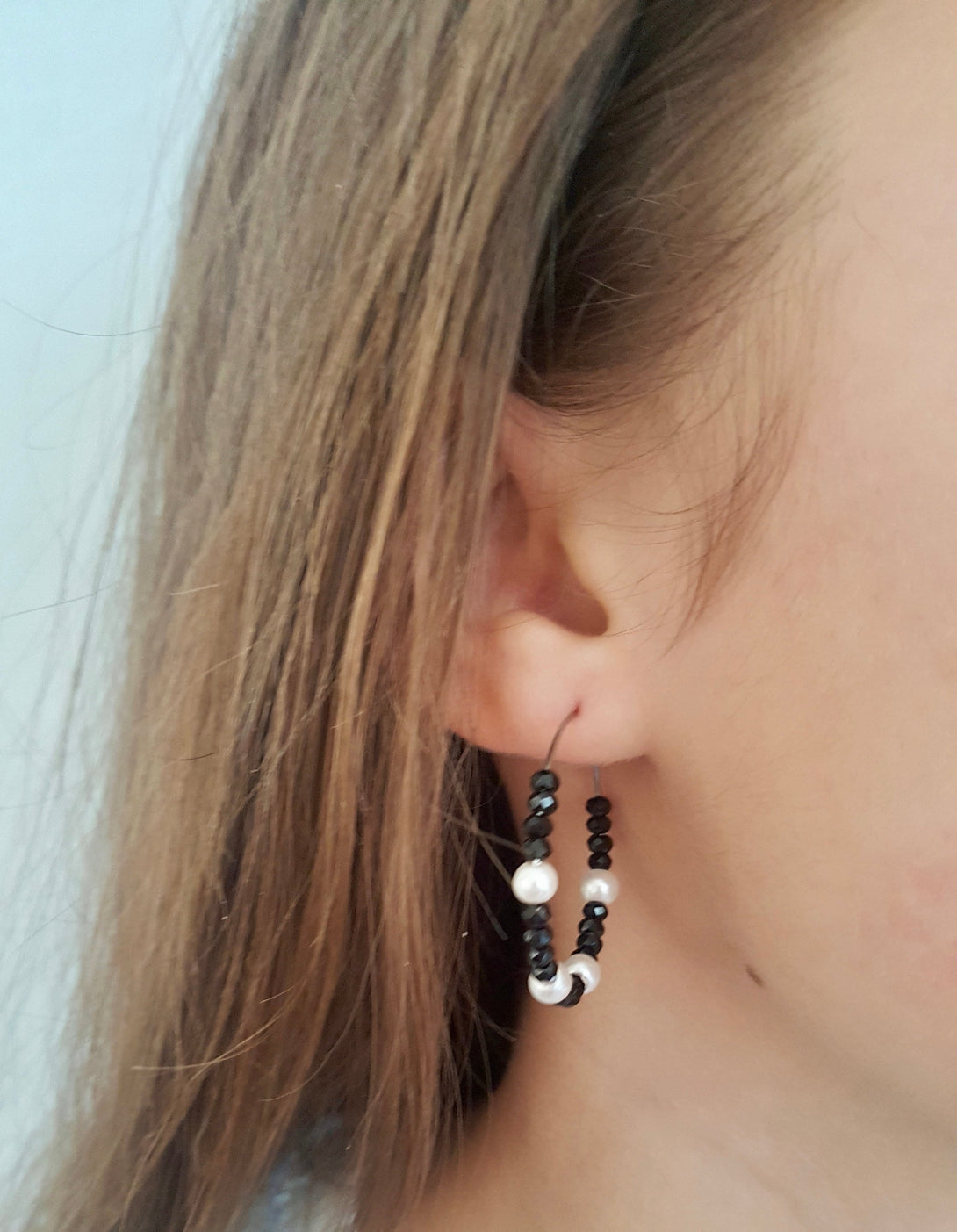 Onyx And Pearl Hoop Earrings, June And December Birthstone Jewellery