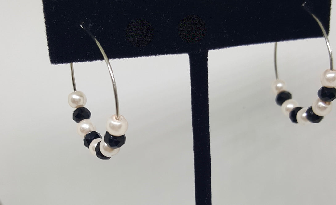 Onyx And Pearl Hoop Earrings, June And December Birthstone Jewellery