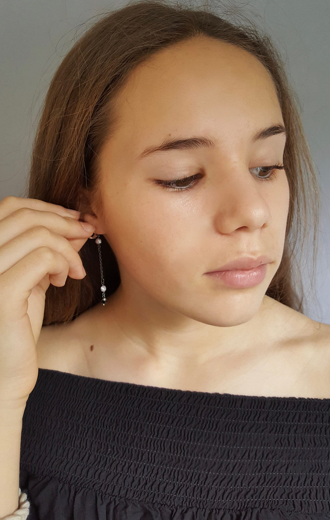 Oxidised Sterling Silver Pearl And Onyx Handmade Chain Drop Earrings