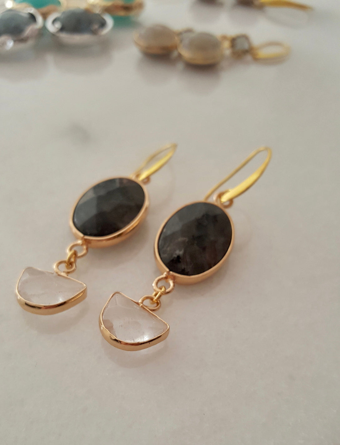 Handmade Gold Gemstone Drop Earrings, April And September Birthstone Jewellery