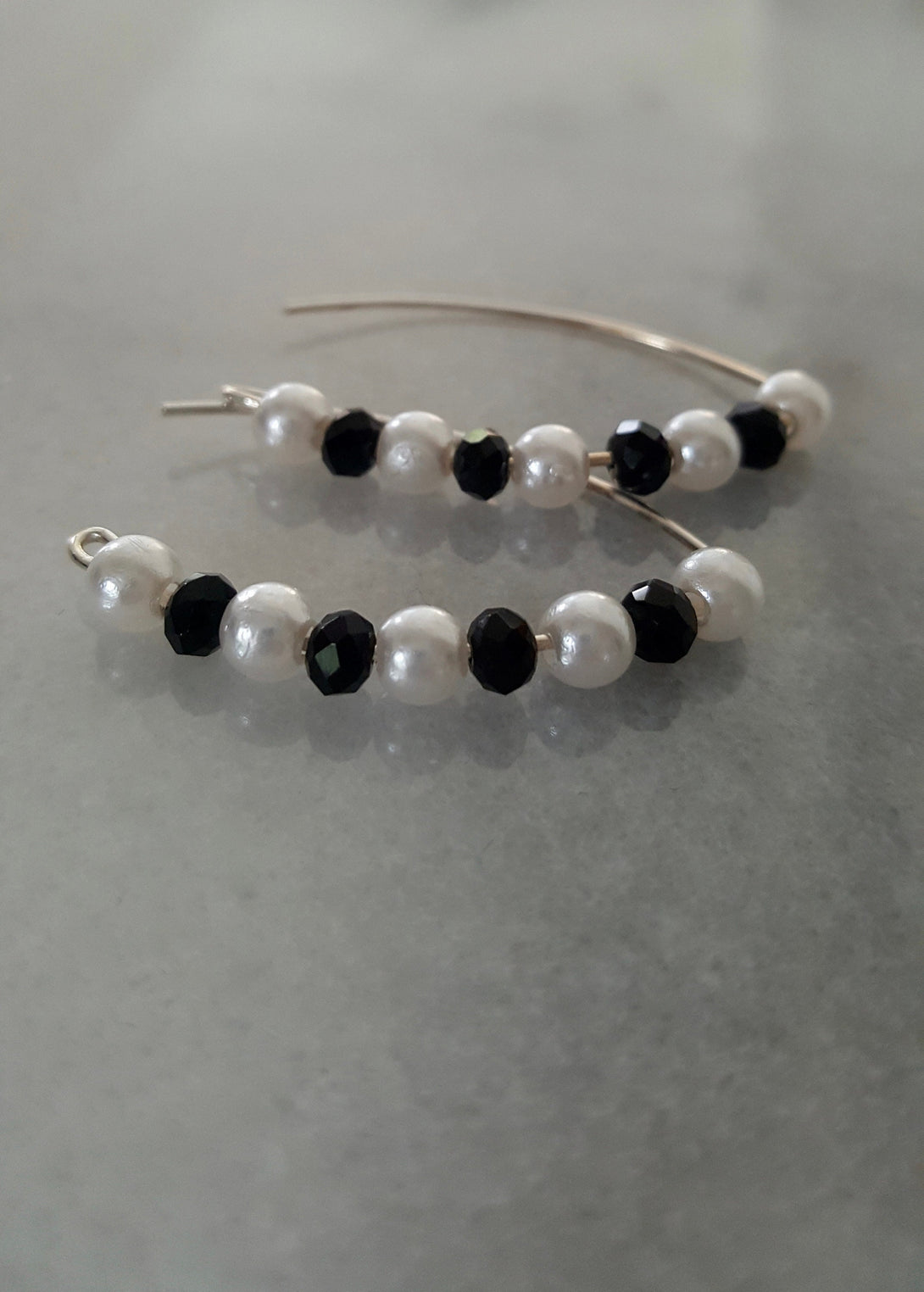 Pearl And Onyx, 925 Sterling Silver, Line Drop Earrings, Threader Earrings, Symbolic June Birthstone Jewellery