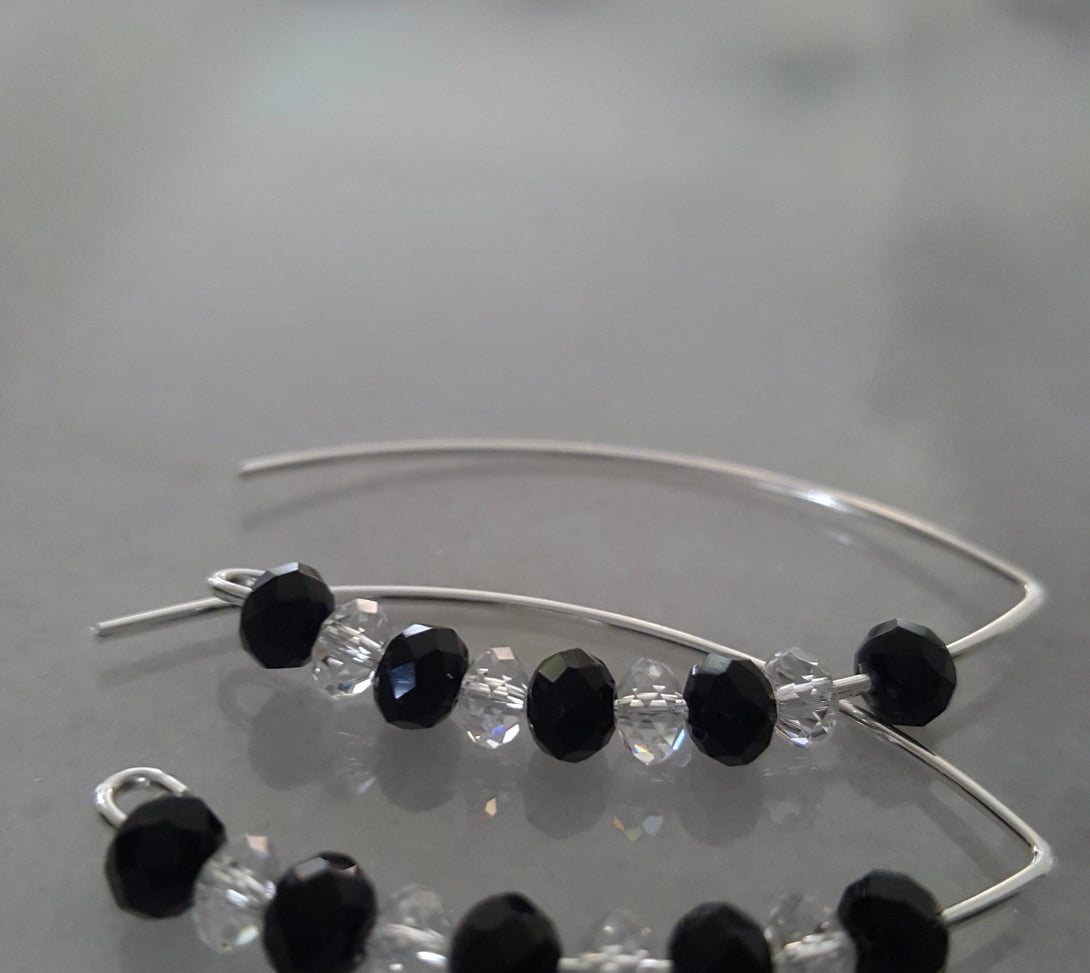 Onyx And Clear Quartz Line Drop Earrings, April And December Birthstone Jewellery