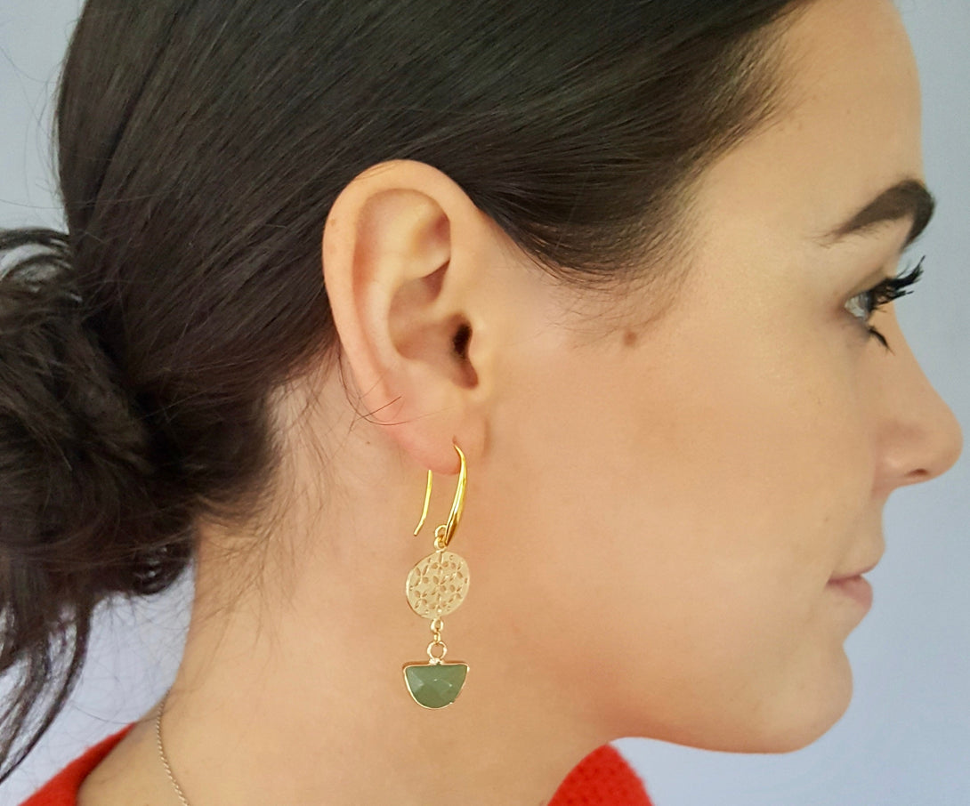 Natural Green Quartz, Filigree Gold Drop Earrings