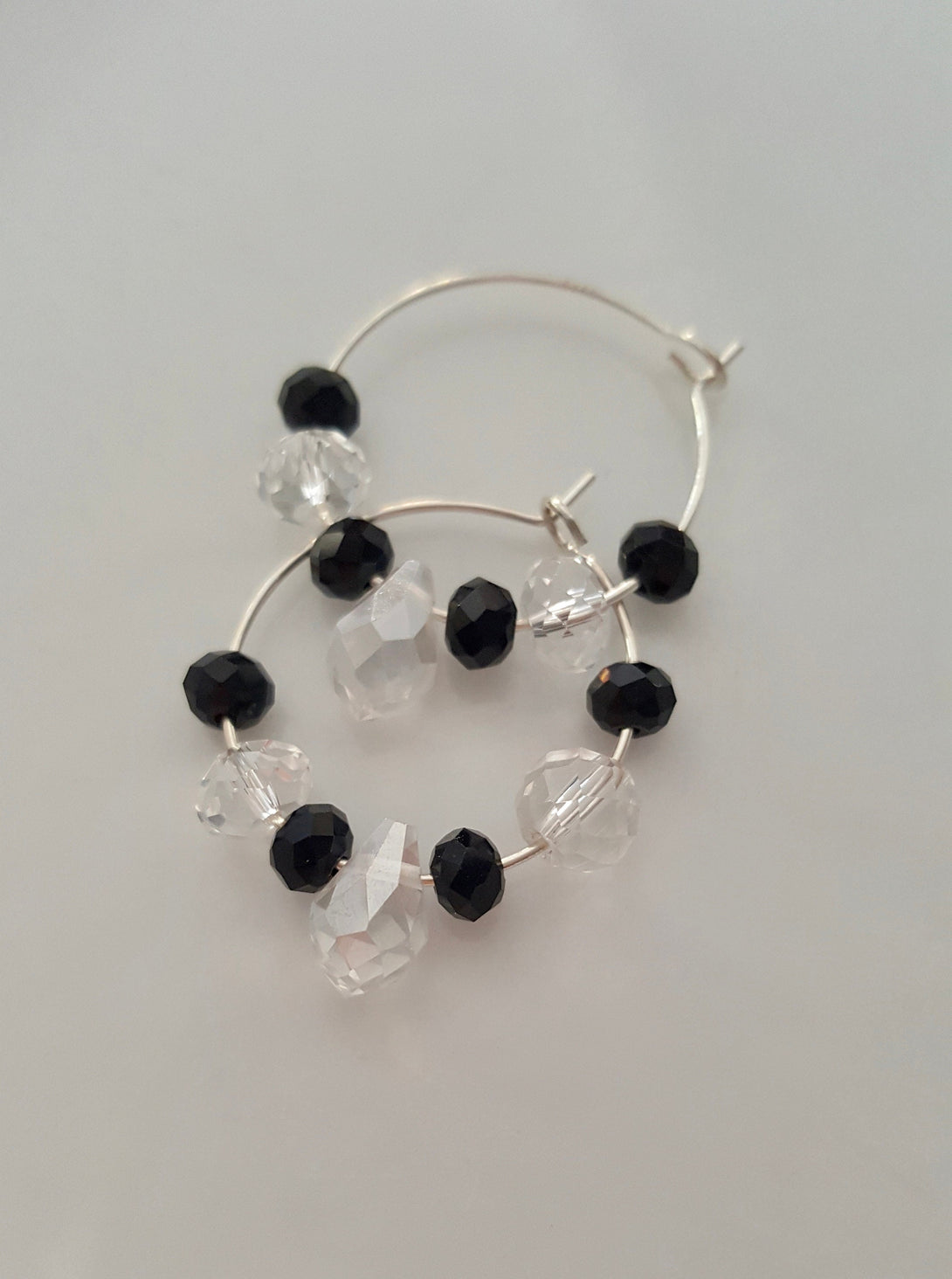 Handcrafted Onyx And Clear Quartz Hoop Earrings, April And December Birthstone Jewellery