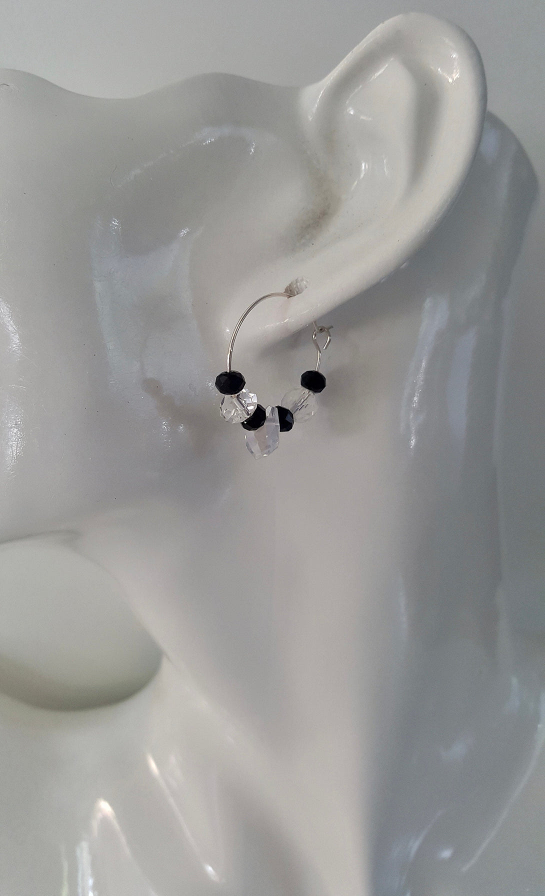 Handcrafted Onyx And Clear Quartz Hoop Earrings, April And December Birthstone Jewellery