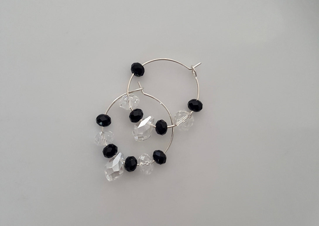 Handcrafted Onyx And Clear Quartz Hoop Earrings, April And December Birthstone Jewellery