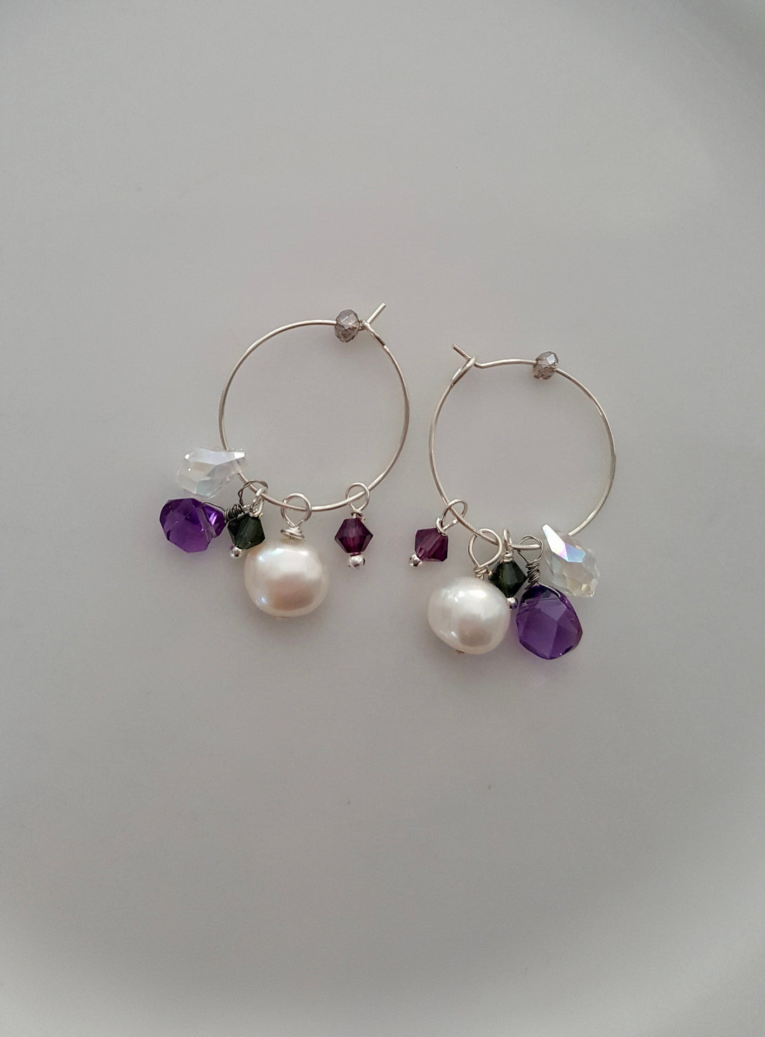 Baroque Pearl, Amethyst And Gemstone Hoop Earrings, February And June Birthstone Jewellery