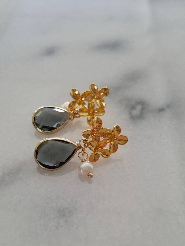 Gold Gemstone And Pearl, Floral Drop Earrings