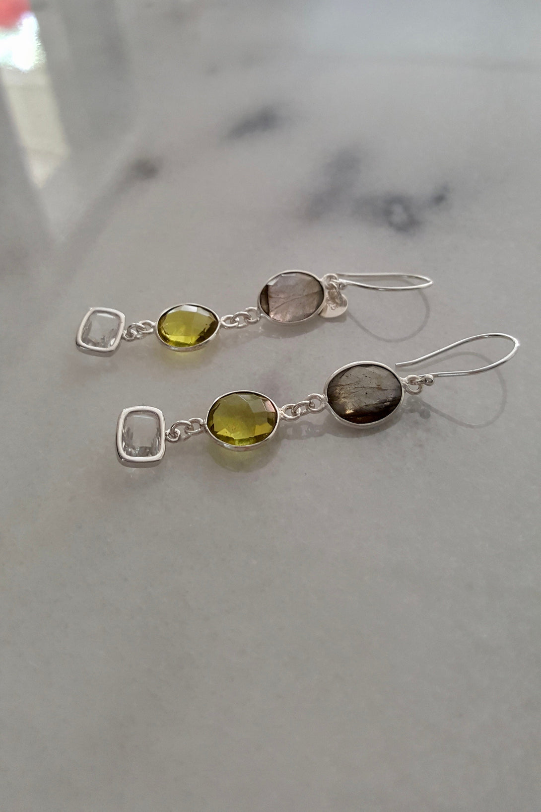 Labradorite, Quartz And Lemon Topaz Drop Earrings, Protective, Healing, April Birthstone Jewellery