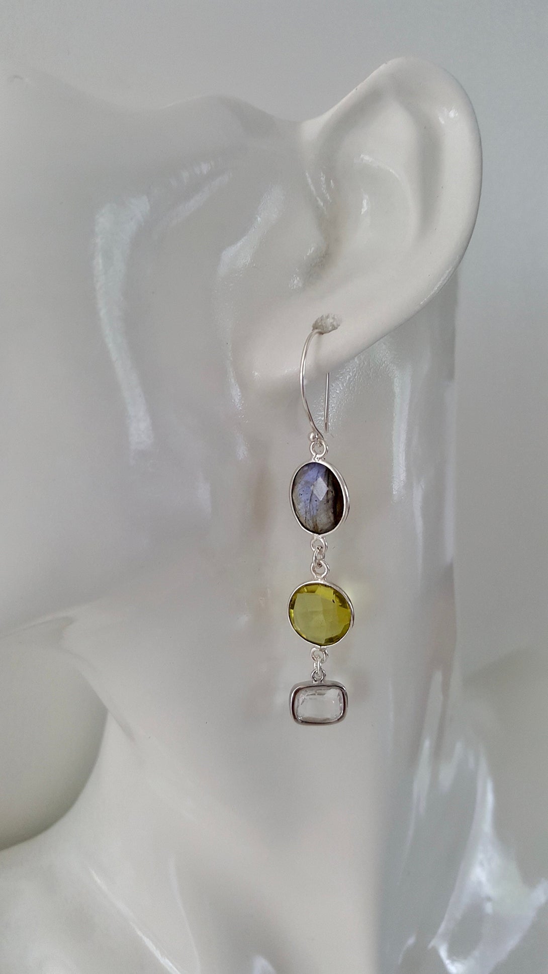 Labradorite, Quartz And Lemon Topaz Drop Earrings, Protective, Healing, April Birthstone Jewellery