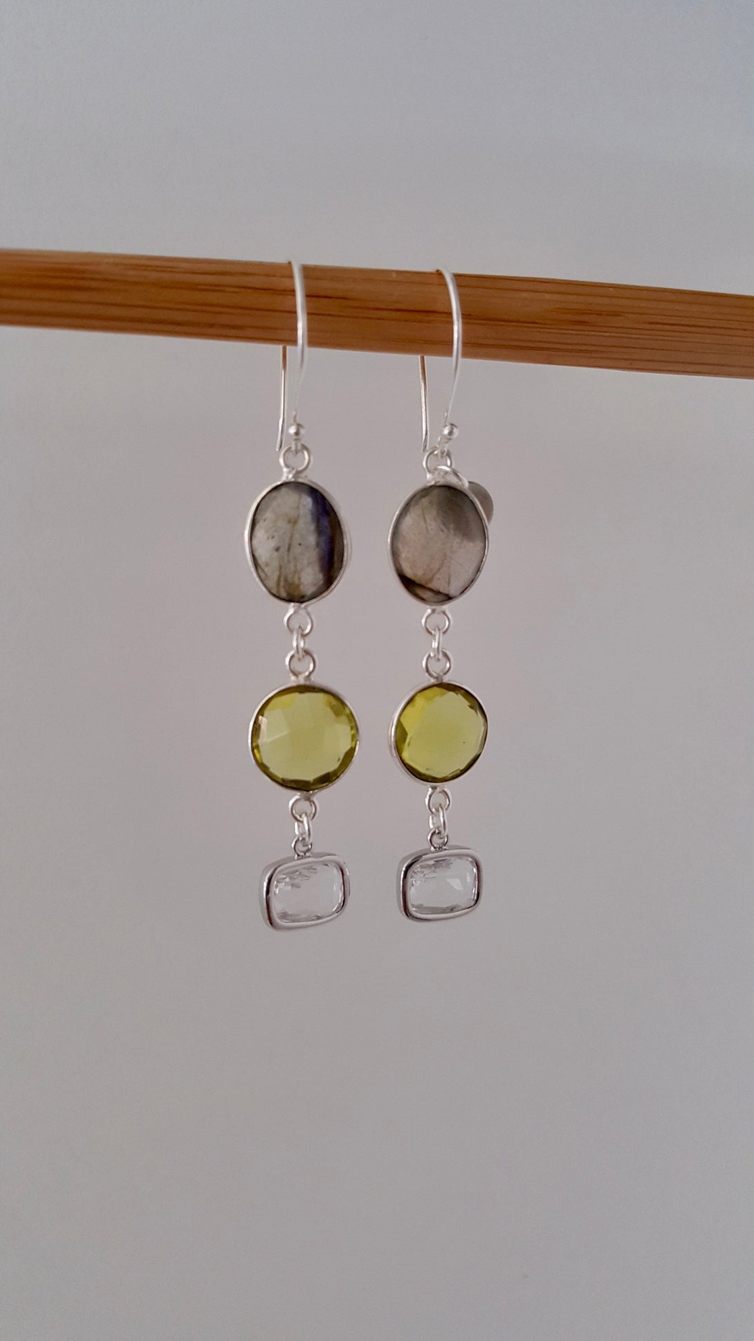 Labradorite, Quartz And Lemon Topaz Drop Earrings, Protective, Healing, April Birthstone Jewellery