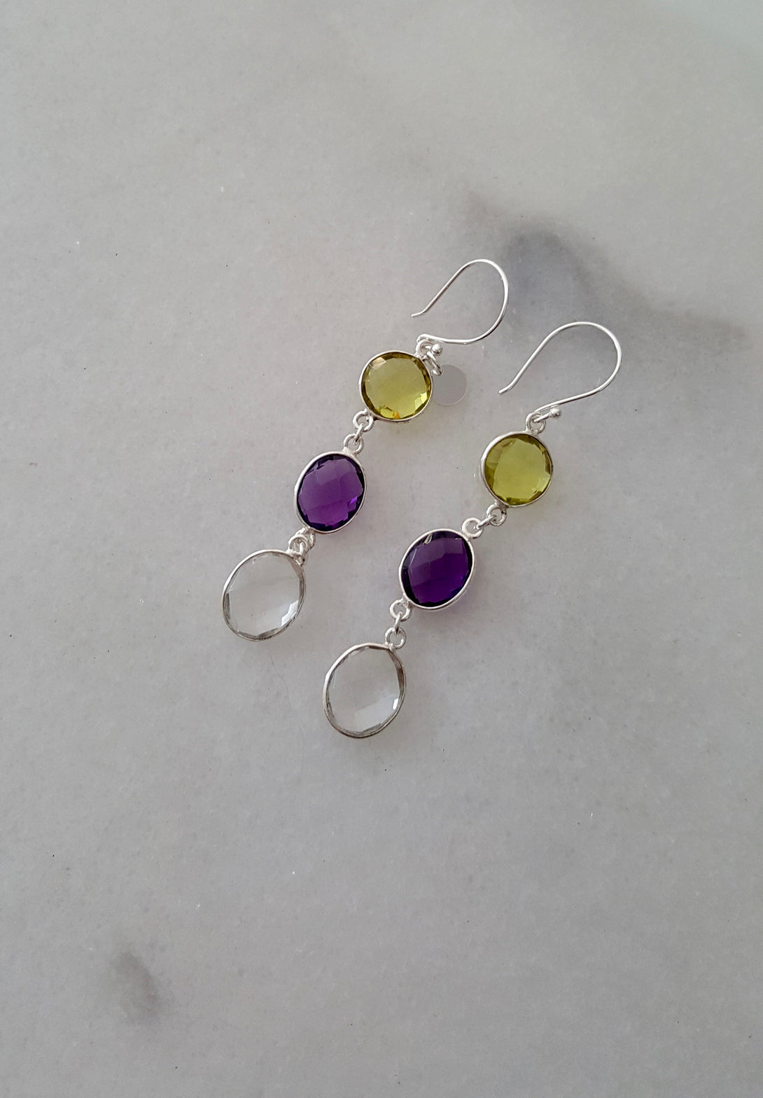 Lemon Topaz, Amethyst and Clear Quartz Earrings, February And November Birthstone Earrings