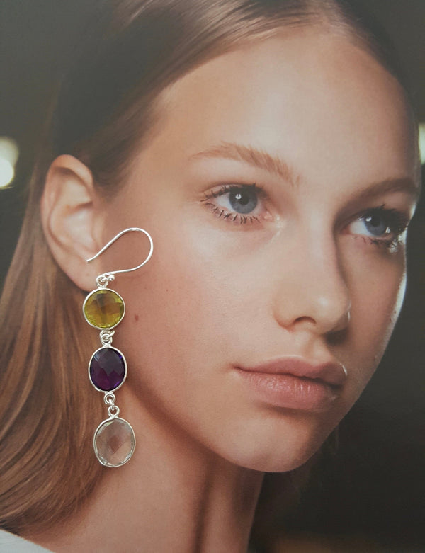 Lemon Topaz, Amethyst and Clear Quartz Earrings, February And November Birthstone Earrings