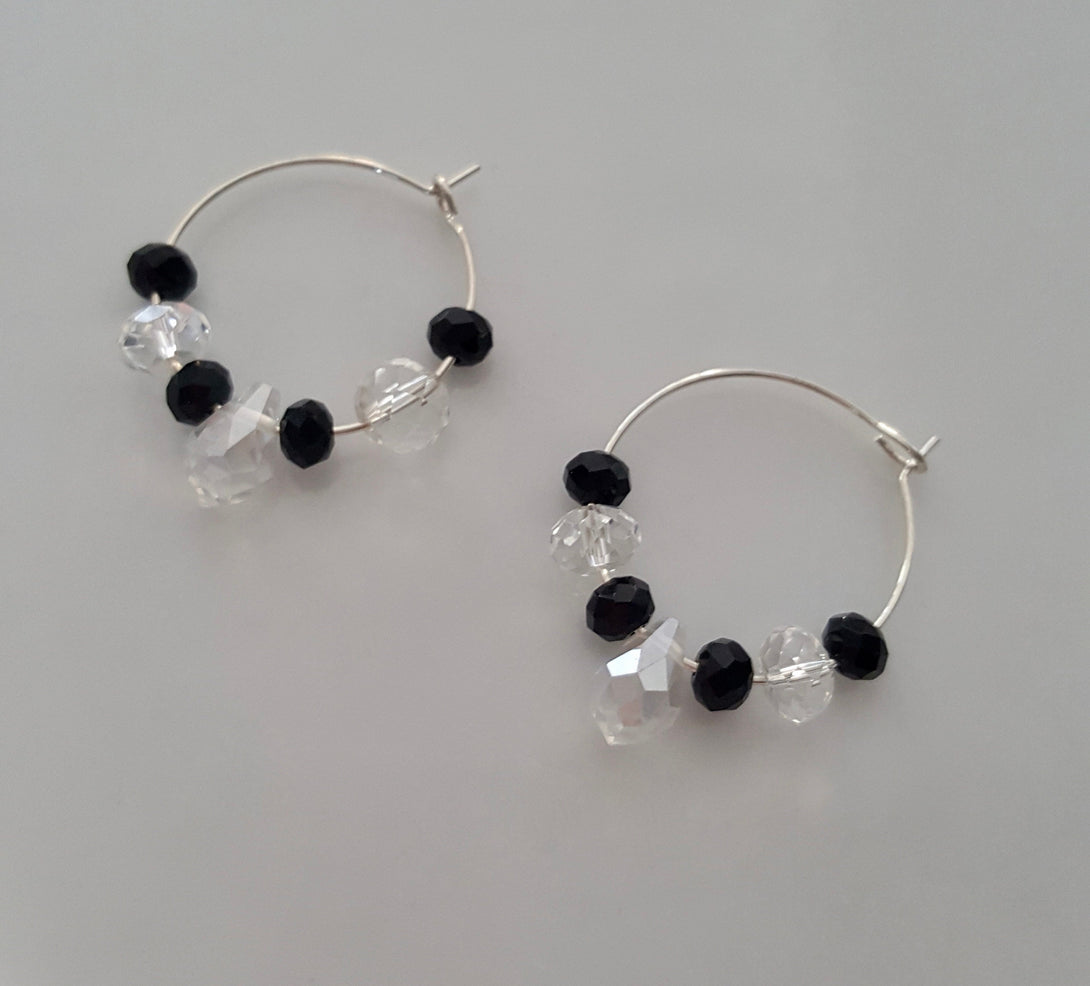 Handcrafted Onyx And Clear Quartz Hoop Earrings, April And December Birthstone Jewellery