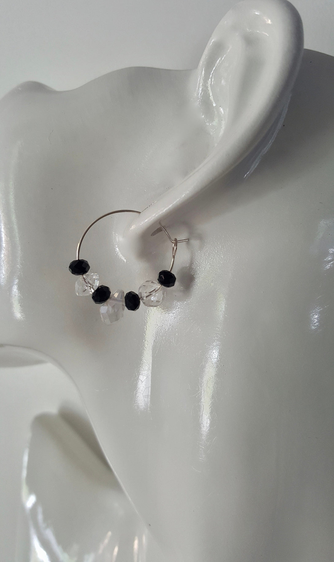 Handcrafted Onyx And Clear Quartz Hoop Earrings, April And December Birthstone Jewellery