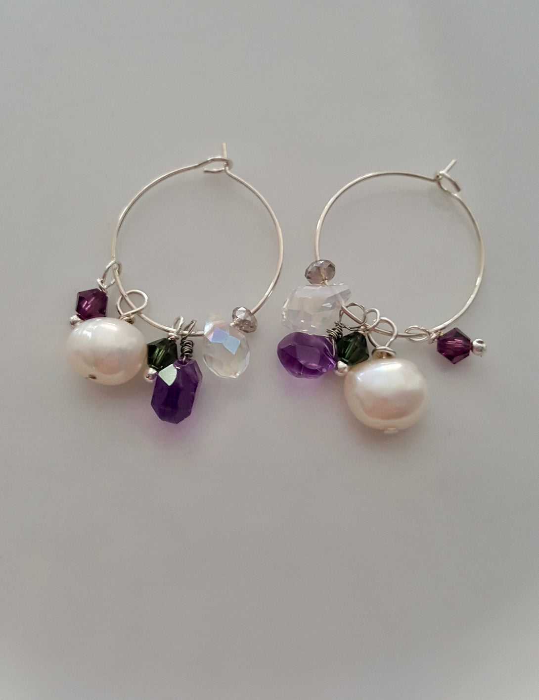 Baroque Pearl, Amethyst And Gemstone Hoop Earrings, February And June Birthstone Jewellery