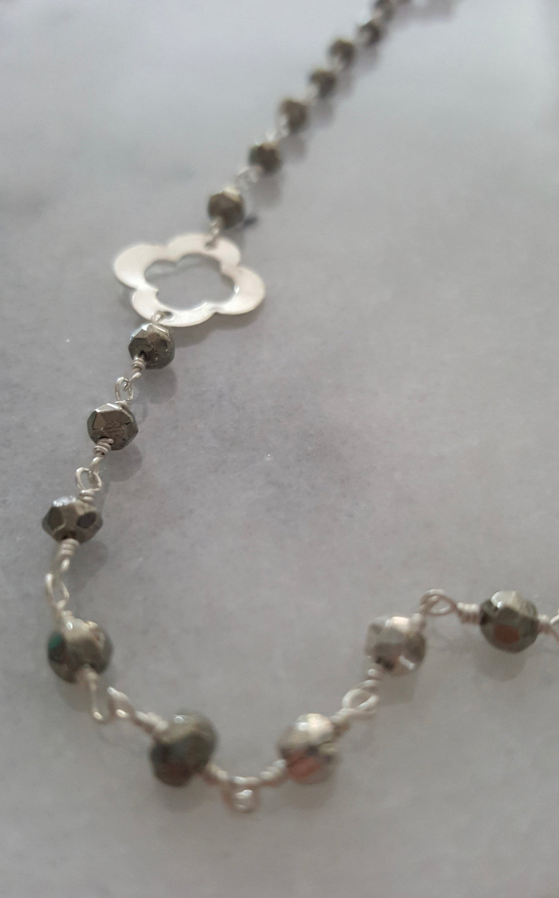 Handmade Pyrite Bead And Clover Charm Necklace, December Birthstone Jewellery