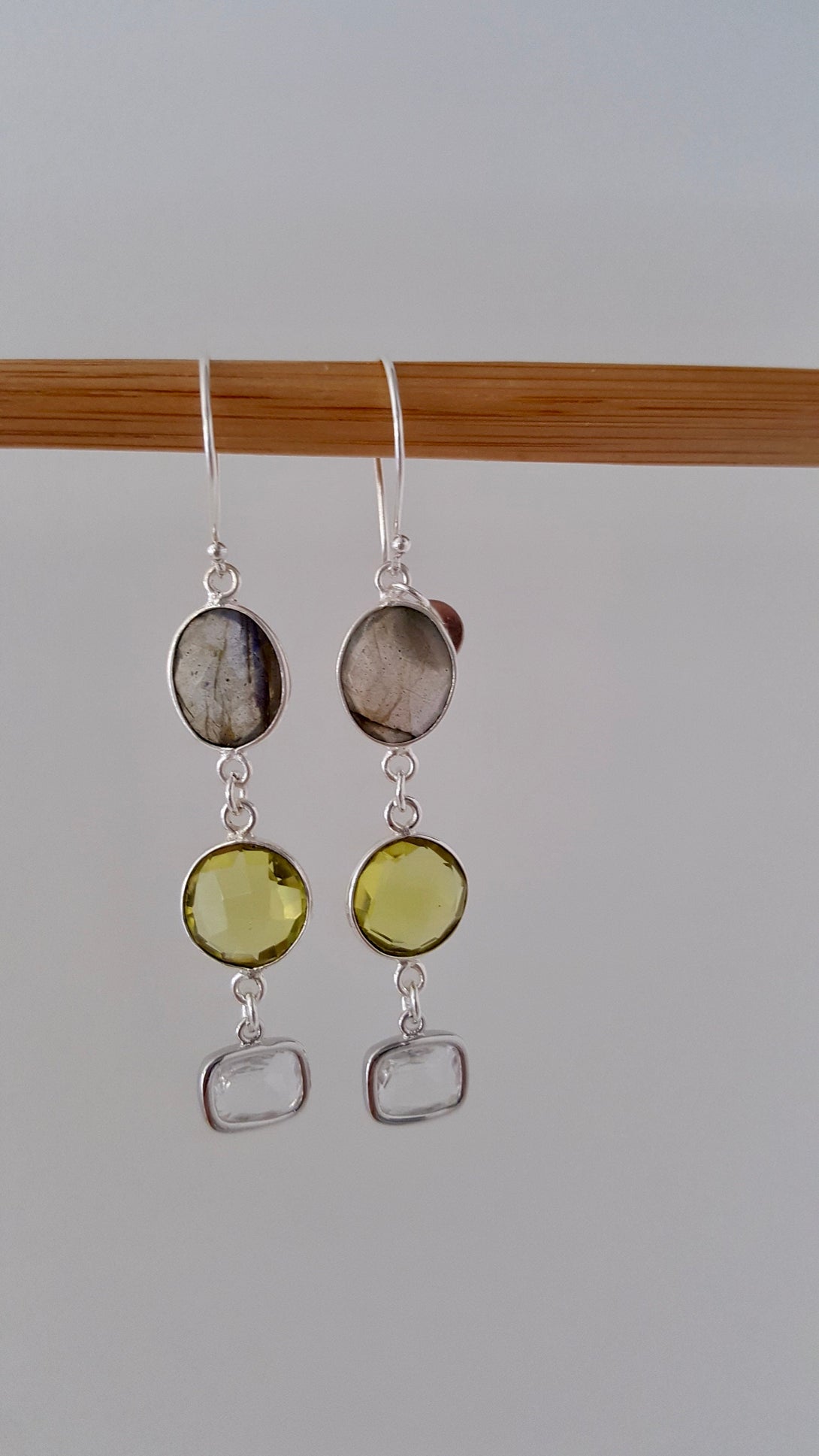 Labradorite, Quartz And Lemon Topaz Drop Earrings, Protective, Healing, April Birthstone Jewellery