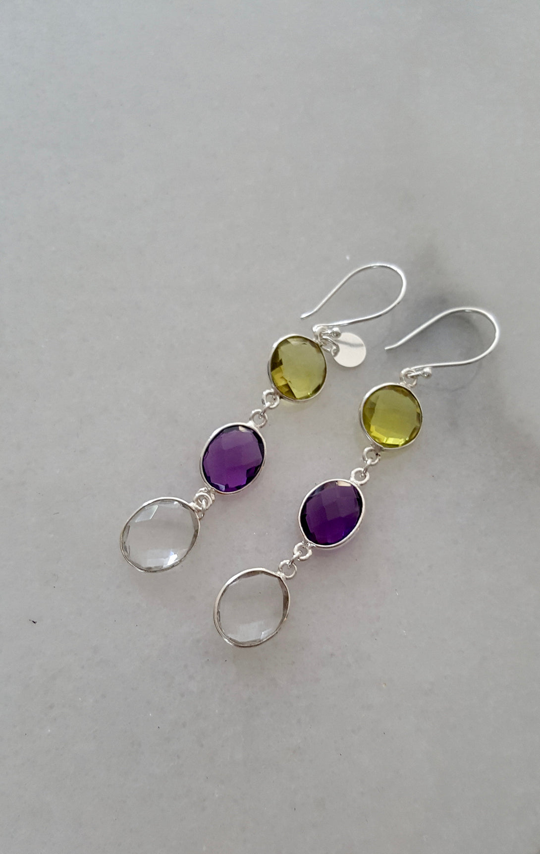 Lemon Topaz, Amethyst and Clear Quartz Earrings, February And November Birthstone Earrings