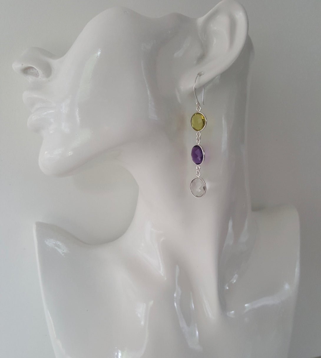 Lemon Topaz, Amethyst and Clear Quartz Earrings, February And November Birthstone Earrings