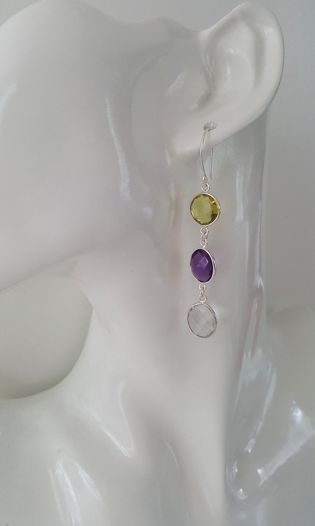 Lemon Topaz, Amethyst and Clear Quartz Earrings, February And November Birthstone Earrings