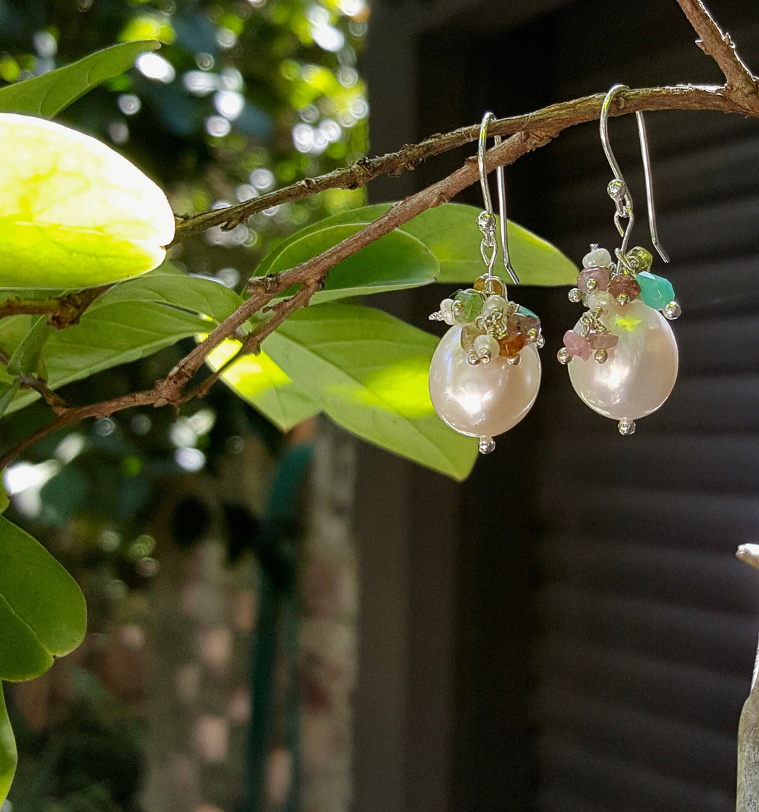 Handcrafted Baroque Pearl And Tourmaline Earrings, June Birthstone Jewellery