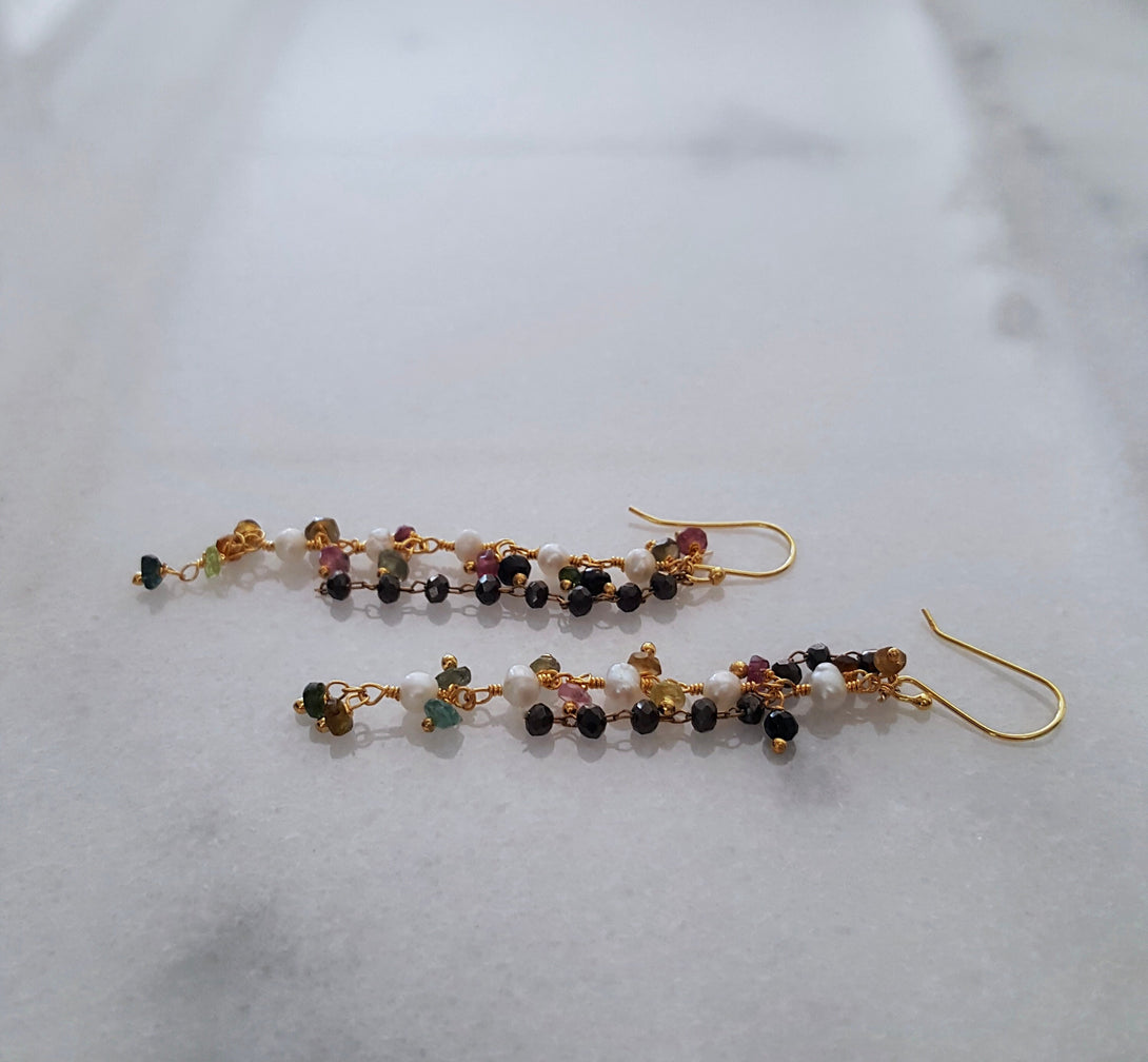 Tourmaline, Onyx And Pearl Tassel Earrings, June And December Birthstone Jewellery