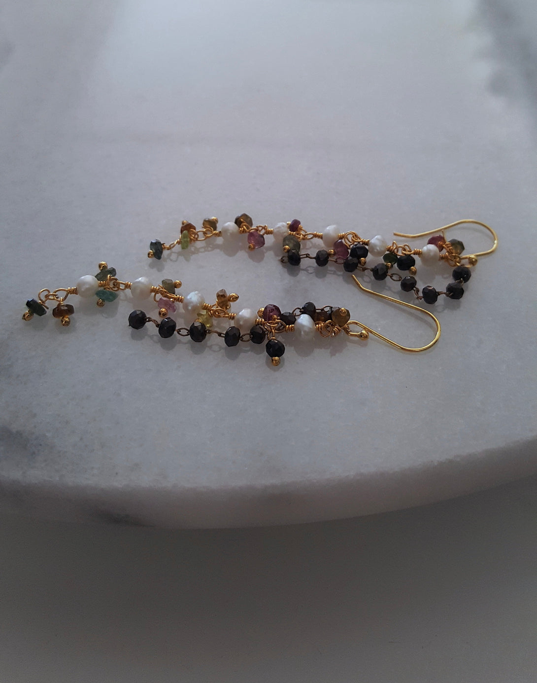 Tourmaline, Onyx And Pearl Tassel Earrings, June And December Birthstone Jewellery