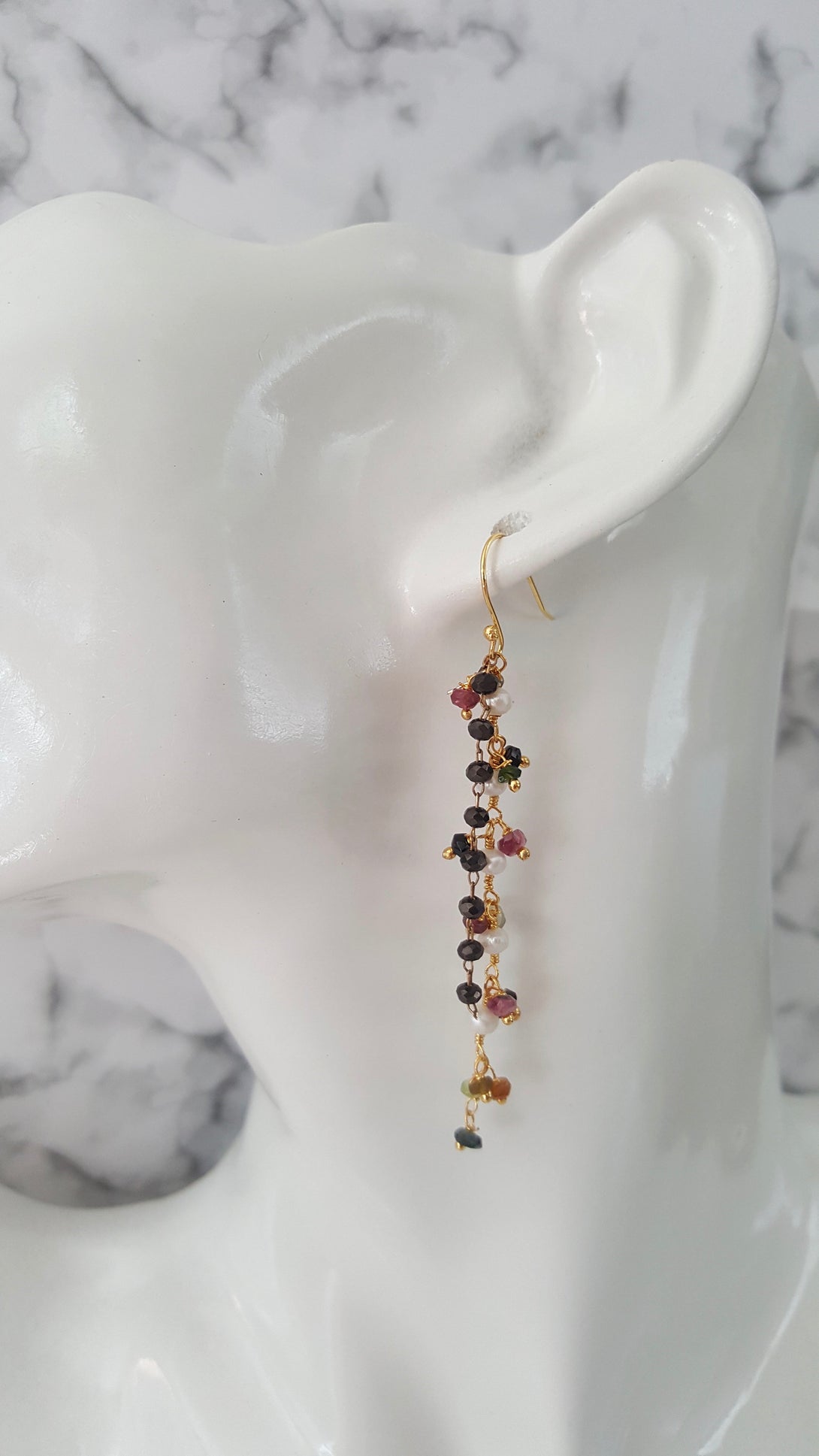 Tourmaline, Onyx And Pearl Tassel Earrings, June And December Birthstone Jewellery