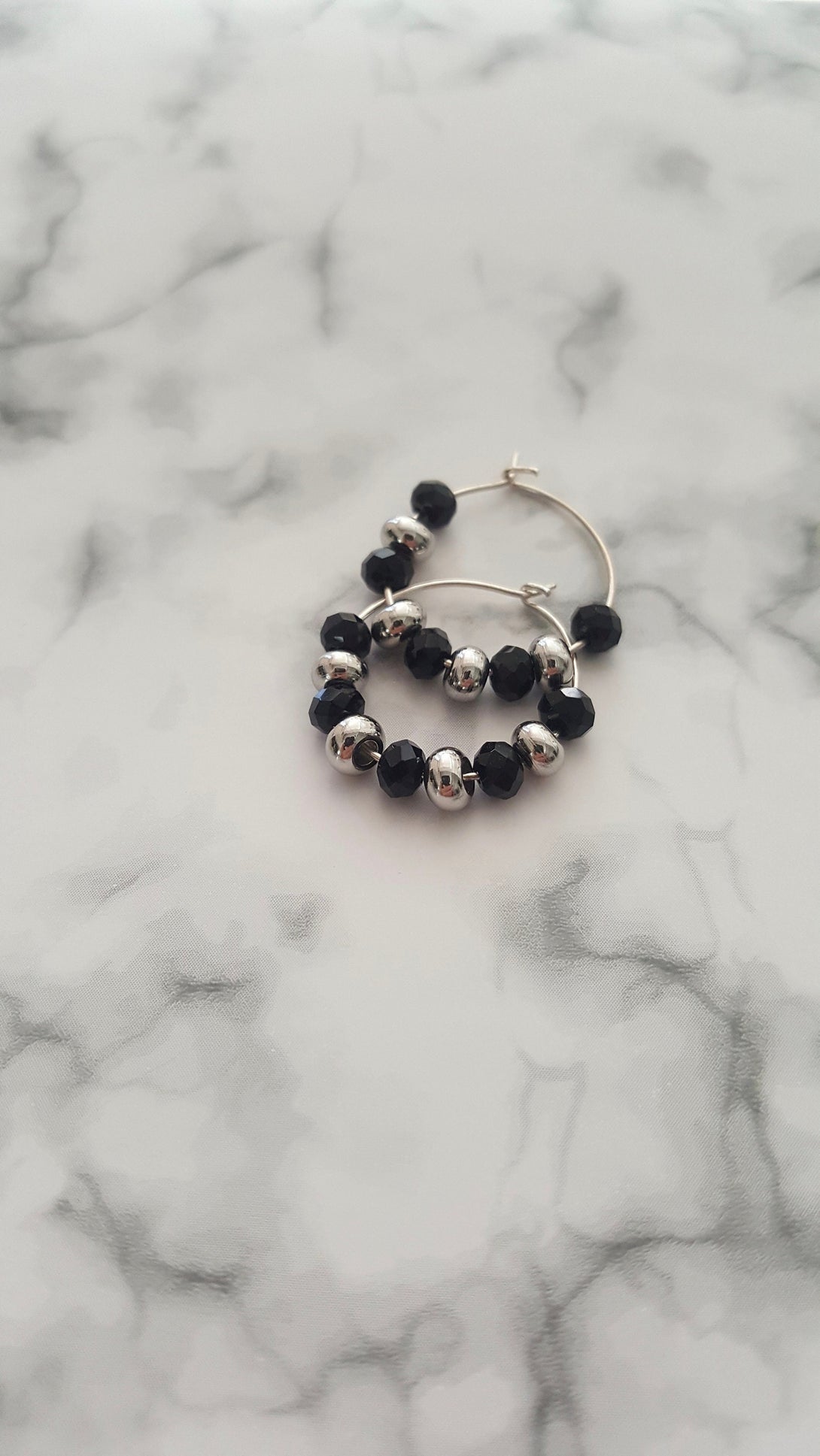 Sterling Silver Hoop Earrings With Onyx And Beads