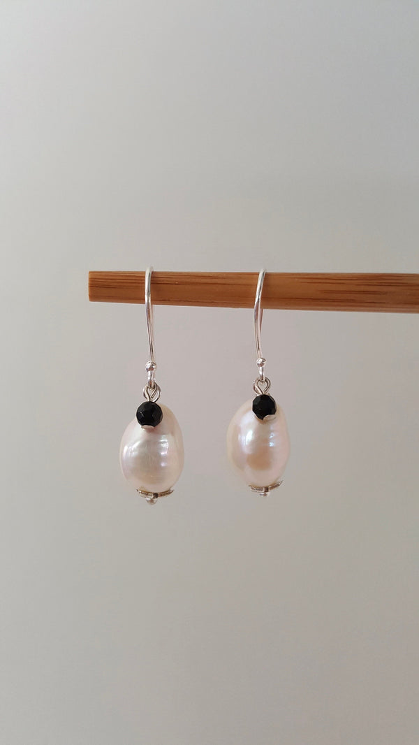 Handmade Baroque Pearl Earrings With Onyx Bead, June Birthstone Jewellery