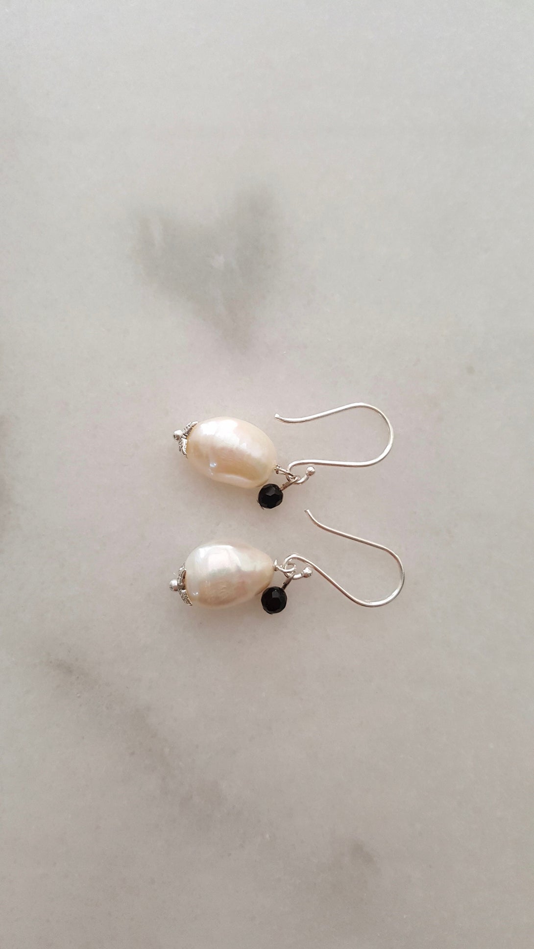 Handmade Baroque Pearl Earrings With Onyx Bead, June Birthstone Jewellery