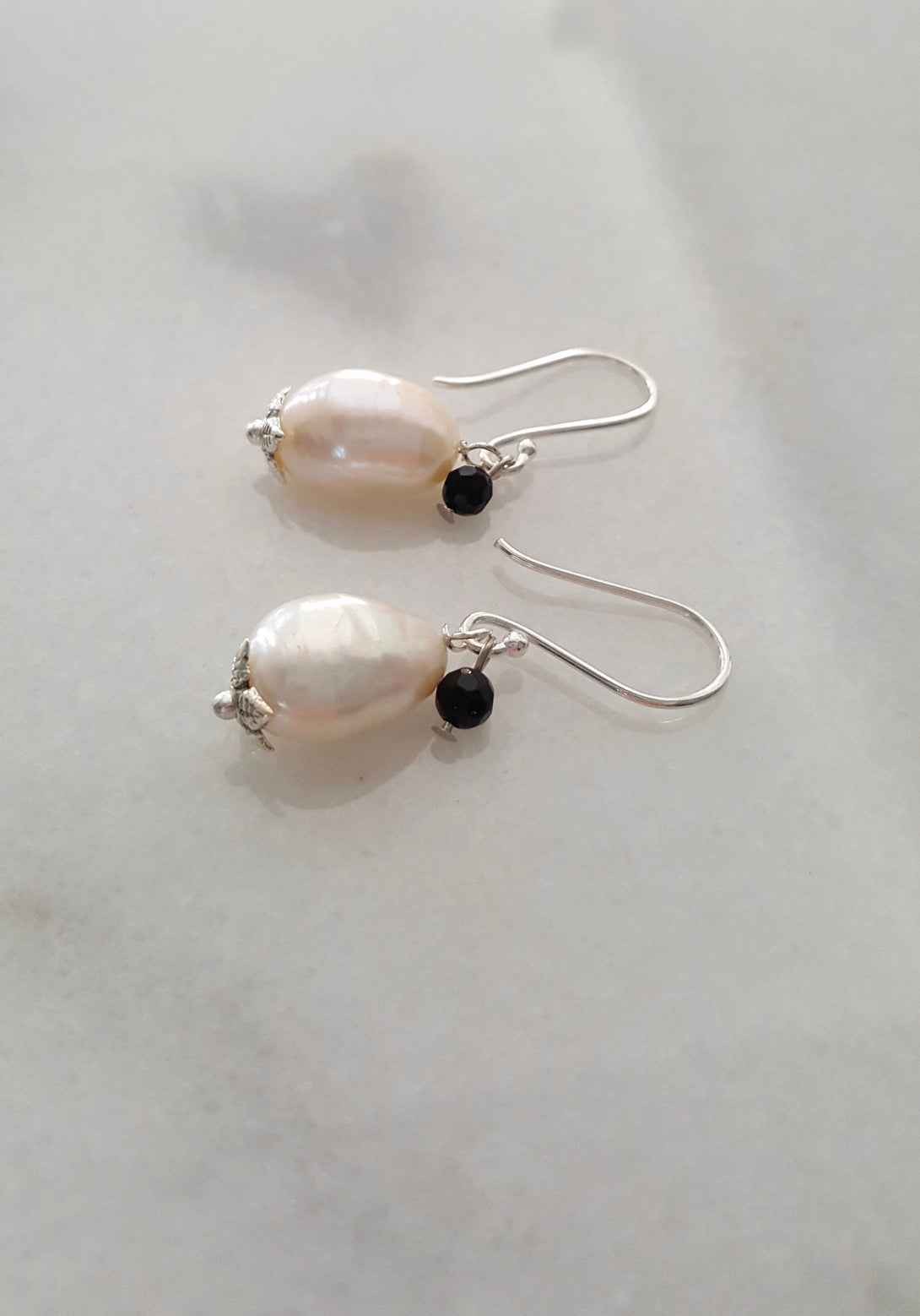 Handmade Baroque Pearl Earrings With Onyx Bead, June Birthstone Jewellery