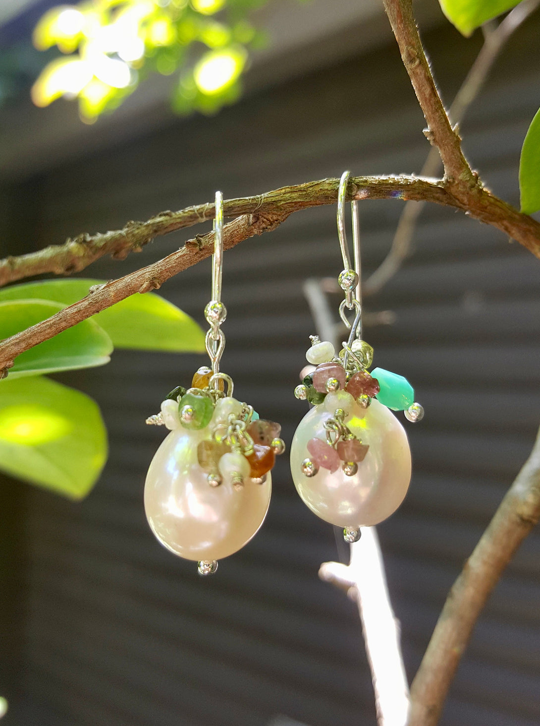 Handcrafted Baroque Pearl And Tourmaline Earrings, June Birthstone Jewellery