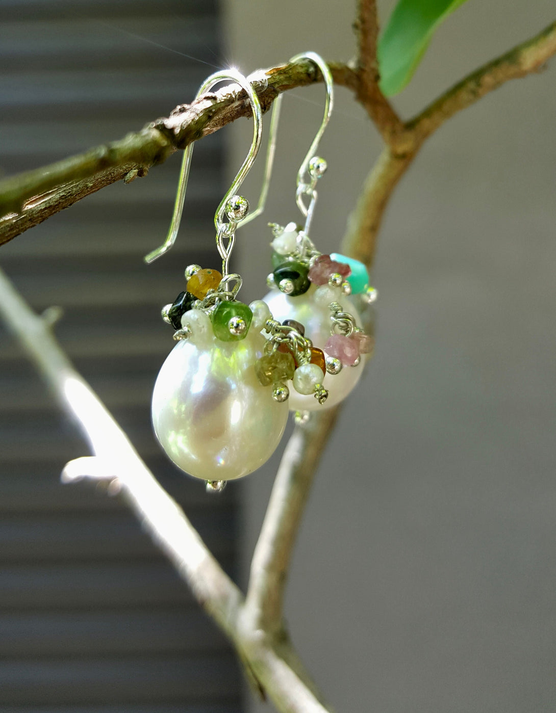 Handcrafted Baroque Pearl And Tourmaline Earrings, June Birthstone Jewellery