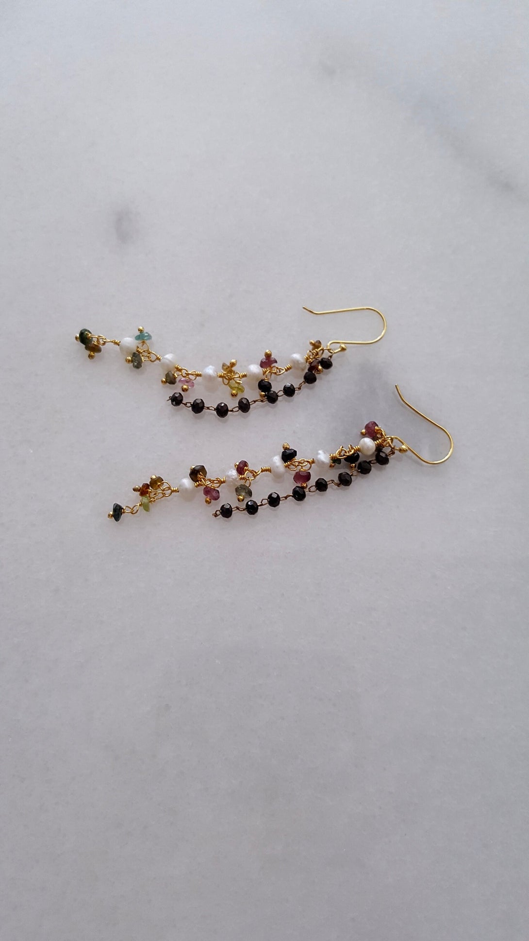 Tourmaline, Onyx And Pearl Tassel Earrings, June And December Birthstone Jewellery