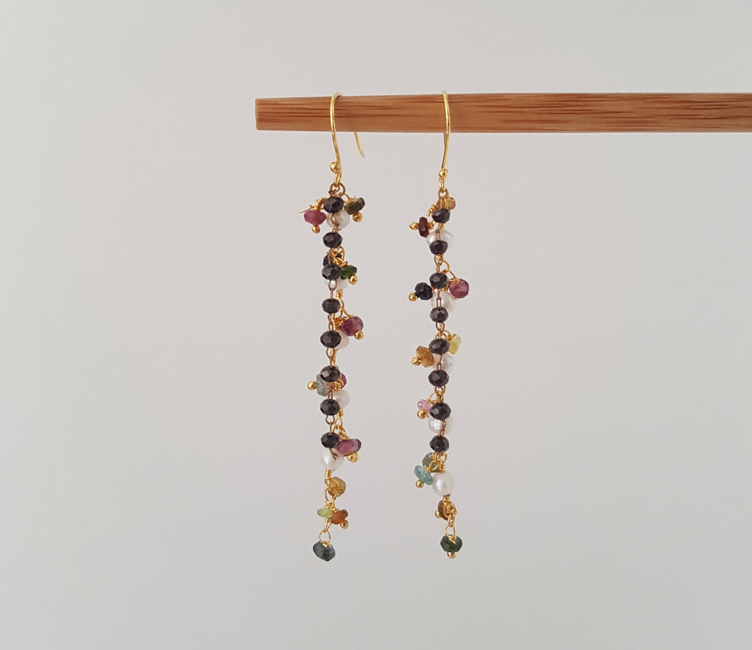 Tourmaline, Onyx And Pearl Tassel Earrings, June And December Birthstone Jewellery