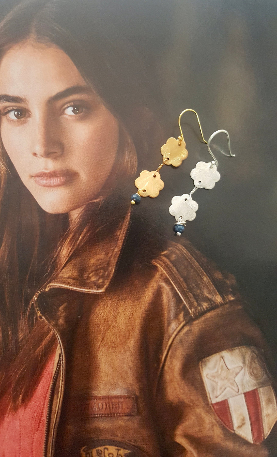 Hammered Metal Gold Flower And Sapphire Drop Earrings, September Birthstone Jewellery