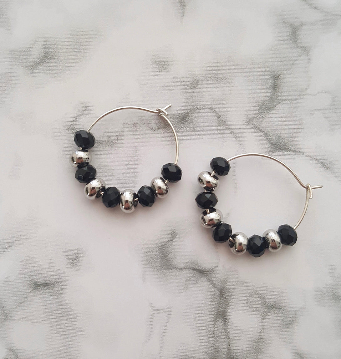 Sterling Silver Hoop Earrings With Onyx And Beads