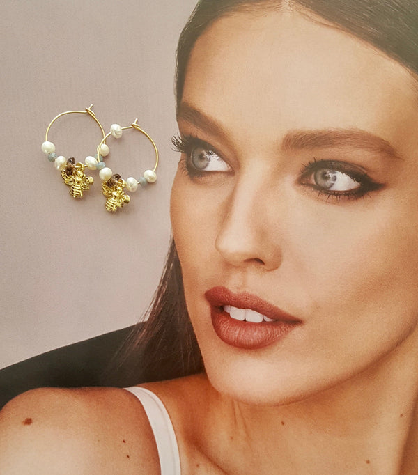 Pearl And Bee Hoop Earrings, June Birthstone Jewellery