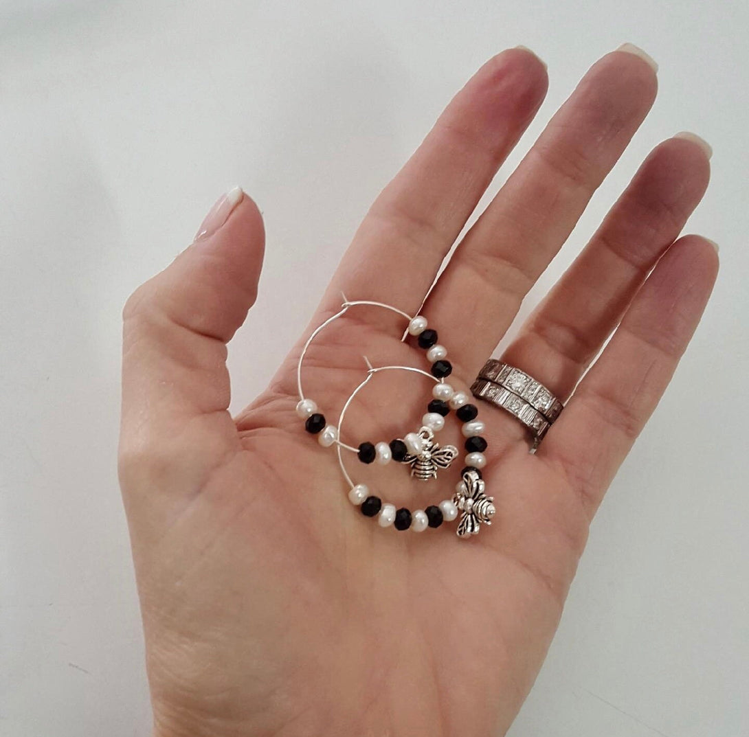 Onyx And Pearl Bee Hoop Earrings, June Birthstone Jewellery